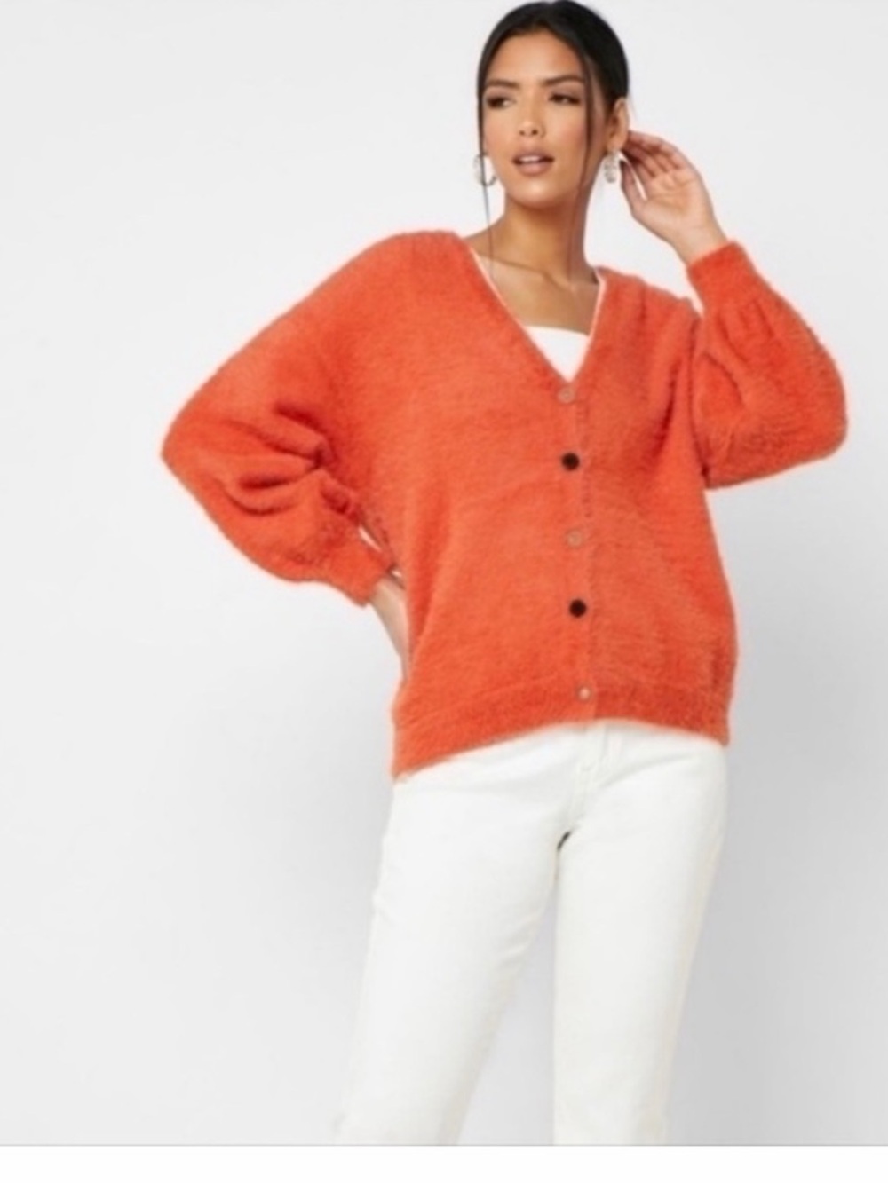 Moon River Fuzzy V-Neck Button Cardigan - Orange